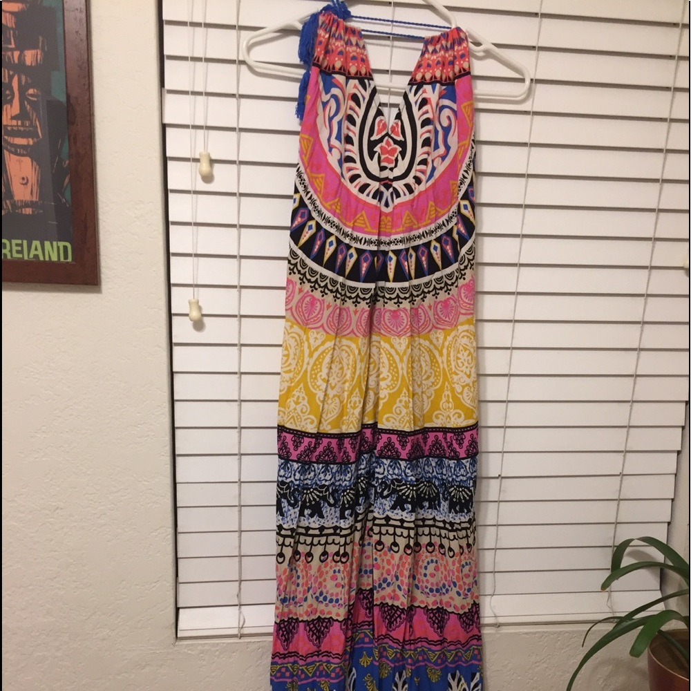 Long flowing multi color dress, very low back